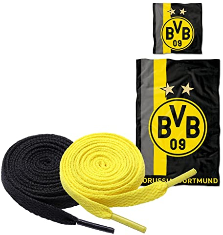 King of Trade BVB Bettwäsche mit Streifenmuster (135 x 200 cm) + 2 Paar Fan-Schnürsenkel