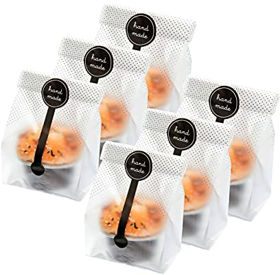 400Pcs Translucent Plastic Bags, BetterJonny 200pcs Cellophane Bags with 200 Pcs Hand Made Stickers for Cookie Cake Chocolate Candy Bakery Part