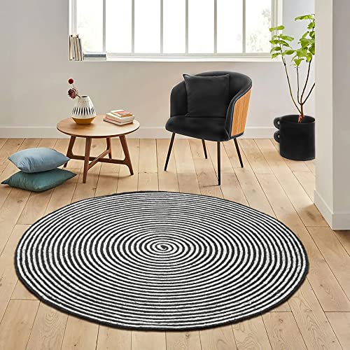 CASAVANI 100 % natürlicher Jute-Teppich, gestreift, Weiß und Schwarz, runder Teppich, ideal für Lern- und Spielteppich, Schlafzimmer, Kinderzimmer, Zuhause, Büro und Küche, 2,9 x 2,4 m, rund