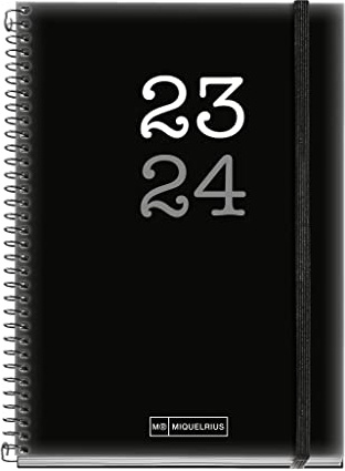 Miquelrius - Schulplaner 23-24, September 2023 bis August 2024, 12 Monate, Größe 11,7 x 17,4 cm, Tagesansicht, Schwarz, Spanisch-Englisch