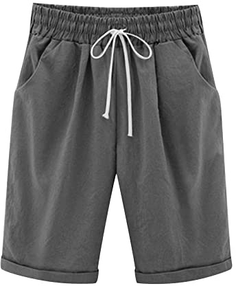 oglccg Womens Half Pants Plus Size Knee Length Cotton Linen Shorts with Pockets Summer Solid Beach Vacation Ladies Straight Leg Trousers Drawstring Elastic Waist Bermuda Casual Work Shorts, Gray