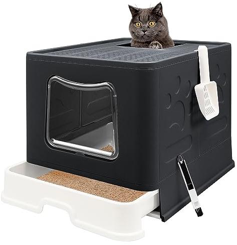 Faltbare Katzentoilette mit Deckel, geschlossenes Katzentöpfchen, oberer Einstieg, spritzwassergeschützte Katzentoilette, leicht zu reinigen, inklusive Katzenstreuschaufel und 2-1 Reinigungsbürste,