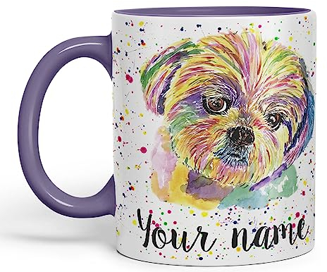 Vixar Personalised with Your Text Shih Tzu Dog Pet Animal Watercolour Art Coloured Ceramic Mug Cup Gift 330ml 11oz Custom Work Office Tea Coffee (O1) (Purple)