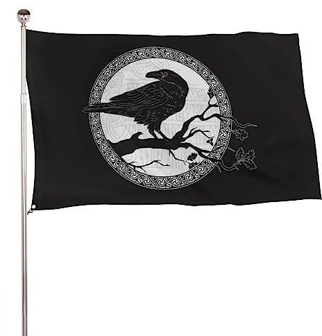 Dekorative Gartenflagge, Hofbanner, Wikinger, schwarze Krähe, Rabe, sitzend auf Ast, einseitiger Druck, Willkommensgartenflaggen, Rasen, hängende Dekoration, 120 x 180 cm