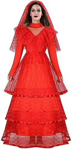 LIKUNGOU Braut Lydia Rotes Hochzeitskleid Kostüm für Frauen Halloween Gothic Spitze geschichtet Kleid mit Brautschleier Cosplay Outfit (S)