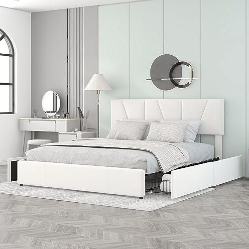 Kayan Doppelbett 160 x 200cm, Polsterbett mit Vier Schubladen, Höhenverstellbares Kopfteil, Rückenlehne und Lattenrost, Bett Samtstoff, Jugendbett Gästebett (160 x 200 cm, Beige)