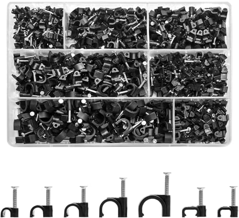 KOXXIAMOQ 700 Pezzi Clip Cavo Rotondi/Quadrati, Morsetti per Cavi con Chiodi, Nero Morsetti per Cavi con Chiodi, Holder Fissaggio Cavi con Chiodi per Cavi di Rete Ethernet, 4mm 5mm 6mm 8mm 10mm