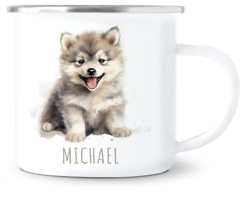 Wolf Emaille Tasse Kinder Trinkbecher personalisierte Kindertasse mit Namen süßer Kinderbecher für Mädchen & Jungen Geschenk Emaille Becher 300 ml (Wolf)