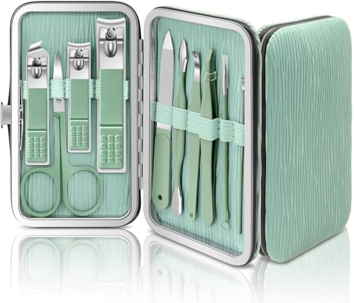 BLESWIN Nail Clipper Manicure Set 10 Pieces, Nail Manicure Set Professional, Small Manicure Set for Women Men, Nail Kit Manicure Set, Ladies Manicure Set in Case Green Leather Nail Care Gift Set
