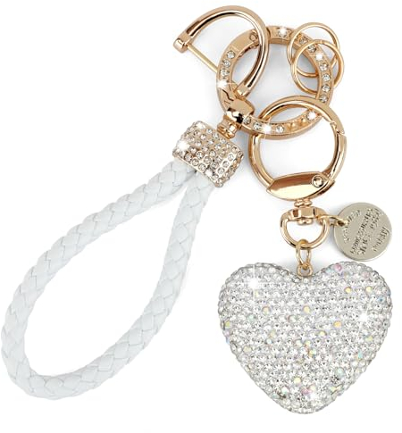 MWOOT Porte Clés Strass Blanc Porte Clé de Voiture Cordon Tressé Les Femmes Filles Clés Avec Pendentif en Strass en Forme de Cœur pour Sac à Main