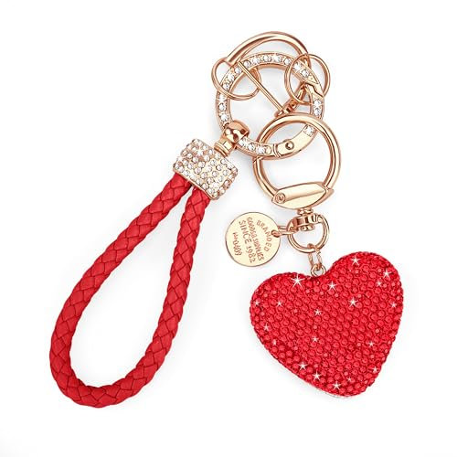 Heveer Porte-clés Cœur Porte-clés Scintillant avec Strass Porte-clés en Cuir pour Femme Clés de Voiture Clés de Porte Rouge