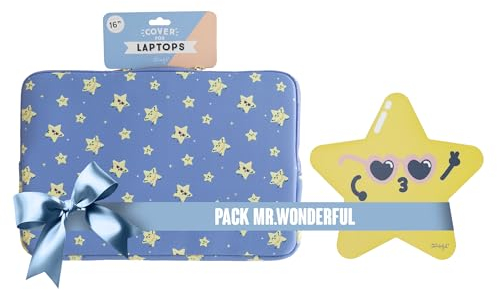 WONDEE Pack Mr Wonderful Regalos Originales, Funda Portátil hasta 16 + Alfombrilla Ratón a Juego de Estrella - Regalos Originales para Mujer, Adolescentes, niños y niñas