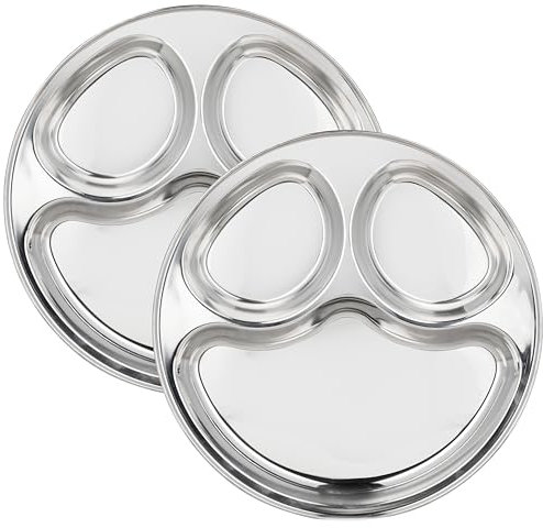 WG inc 2-Pack Stainless Steel Dinner Plates, 3 in 1 Divided Trays, 13 Inch Round Compartment Plates, Metal Portion Control Trays for Adults, kids, Camping, BPA Free