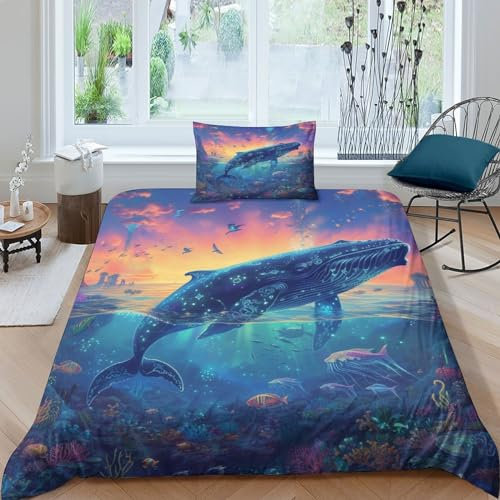 3D-Druck Wal Bettbezug Art Tier Bettwäsche 135x200 cm 2 Teilig,Mikrofaser Mit Kopfkissenbezug,Versteckter Reißverschluß Für Jungen Und Mädchen