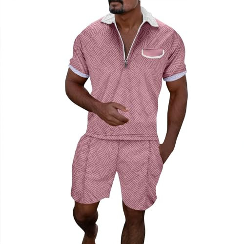 Ensemble short et t-shirt pour homme - Couleur unie - Survêtement pour homme - Ensemble athlétique d'été décontracté - Chemise boutonnée - Coupe classique, rose, 3XL