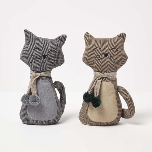 HOMESCAPES Textured Cat Door Stops, Set of 2 in Grey and Brown, 27 cm, Luxuriously Soft Material Animal Door Stoppers for Home or Office Heavy 1.6 kg