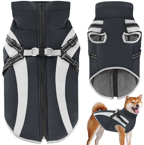 Oslueidy Wasserdichter Hundemäntelmit Geschirr Winter Warme Hundejacke Winddichte Haustier Kleidung Schneeanzug Hundejacken für Kleine Mittlere Große Hunde
