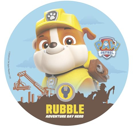 dekora - Tortendeko für Kindergeburtstage - Essbarer Tortenaufleger Paw Patrol Rubble 20 cm Diameter - Cake Topper aus Esspapier - Glutenfrei, Laktosefrei, Ohne Zuckerzusatz - Für Vegetarier Geeignet