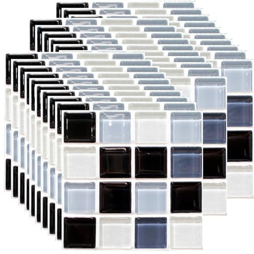 Ledeak 30 Hojas Vinilo Azulejos Adhesivo Mosaico, Impermeables Papel Pintado Autoadhesivo, Vinilo PVC Adhesivo Pared, Pegatinas de Paredes para Cocina Ducha Baño (Blanco y Negro)