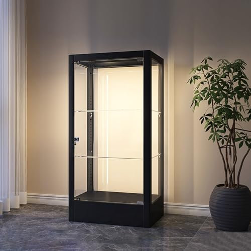 Glasvitrine mit Lichtern, abschließbar, Glasvitrine für Sammlerstücke, 3-stöckig, gehärtetes Glas, Kurio-Schrank mit verstellbaren Regalen, hohes Likör-Bücherregal, Präsentationsständer