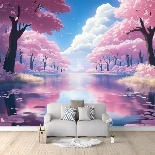 Papier Peint de Photo Lac Rose Arbre Ciel Paysage 200x140 cm Papier Peint Murale intissé Panoramique, Papier Peint Personnalisé Pour Garçon Fille Ado Chambre Salon Décor