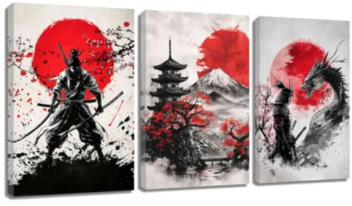 ZQQART Japanische Samurai Wanddekoration 3 teilig gepanzerter Samurai Berg Fuji Bilder Japan Leinwanddrucke Bushido Poster Heimrahmen (Weiß,12.00x16.00x3)