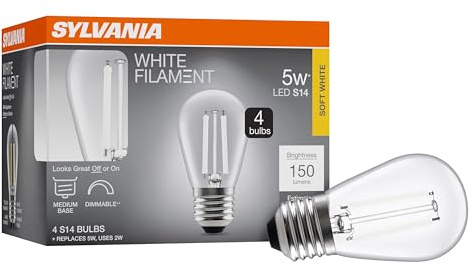 Sylvania S14 Clear LED White Filament Bulb, 2W, Dimmable, 150 LMS, Medium Base, 2700K, Soft White - 4 Pack (42269)