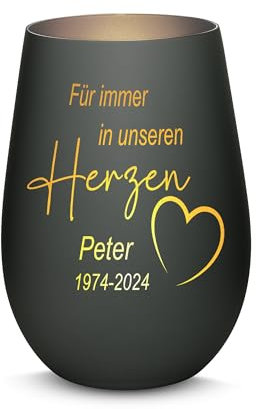 Gravur-Max Trauerlicht Windlicht mit Gravur Für Immer in unseren Herzen mit Wunschname & Datum Gedenklicht für Trauernde mit Einer hochwertigen Lasergravur in der Farbe Schwarz/Silber
