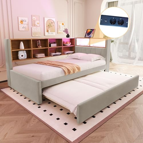 Dolamaní Ausziehbett 90x200 cm/90x190 cm, Tagesbett Ausziehbar mit vielen Ablagefächern, Jugendbett LED Funktionsbett, Polster Flanellstoff Einzelbett (Hellgrau)