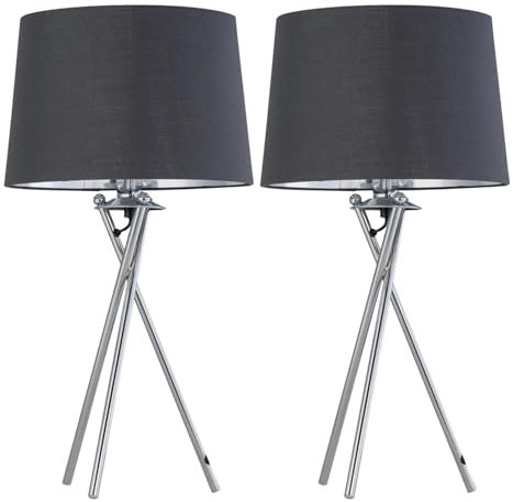 firstchoicelighting Set of 2 Tripod Table Lamps or Bedside Lights, Chrome with Grey & Silver Fabric Shade, LED Compatible, Height 53cm, Inline Switch