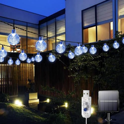 Bollengold Solar Fairy Lights Outdoor Waterproof, 26FT 60LED Solar/USB Powered String Lights, 8 Modes Outdoor Garden Lights for Party Tree Decoration (Blue)