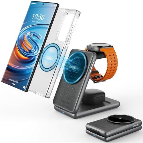 Magnetic Wireless Charger for Samsung Galaxy S25 Ultra S24, Foldable Magsafe Charger Stand 3 in 1 Travel Charging One-Click Ejection Samsung Watch Charger for Galaxy Watch Ultra 7 6 Galaxy Buds 3