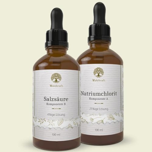 Waldkraft CDL-Set: Chlordioxid zur Selbstherstellung | 2 Komponenten: Natriumchlorit 25% + Salzsäure 4% | Trinkwasserdesinfektion | Einfache Anwendung | 2 x 100 ml Braunglas mit int. Pipetten