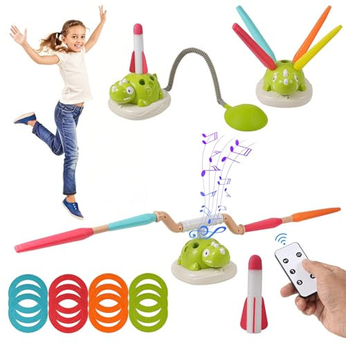Dinosaur Jump Game Toys - 3 in 1 Kids Garden Toys for Throwing Rings, Jumping, and Launching Rockets, Sensory Integration Training Outdoor Games, Music Interactive Garden Games With Remote Control