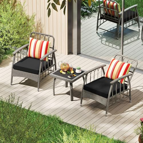 GIANTEX Gartenmöbel Set, Rattan Sessel mit 5-stufig Verstellbarer Rückenlehne, Balkonmöbel Kleiner Balkon, Terrassenmöbel Outdoor Sitzgruppe, Balkon Möbel für 2 Personen, 3 tlg. Balkonset Sitzgarnitur