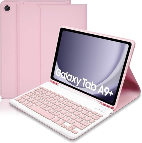 Keyboard Case for Samsung Galaxy Tab A9+ 11 Inch 2023 (SM-X210/X216/X218),Slim A9 plus Tablet Cover with Bluetooth UK Layout Keyboard,Detachable Keyboard with S Pen Holder for Samsung Tab A9+(Pink)