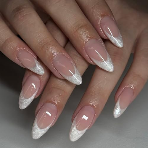 Long False Nails French Tip - White Pearl Press on Nails Almond - 24PCS Stick on nails French Tip - Strong Fake Nails with Glue - Full Cover Almond nails Elegant for Women Long Lasting