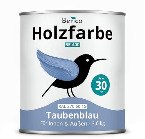 Berico Holzfarbe 3,6 Kg - 4in1 Premium Holzlack - RAL 2706015 Taubenblau | Robuster Holz- & Wetterschutz inkl. Grundierung, für Innen & Außen, schnelle Trocknung, hohe Deckkraft