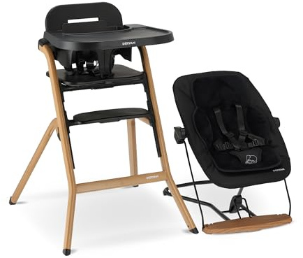 Deryan Curve Hochstuhl Baby & Kleinkind, Faltbarer Mitwachsender Holzhochstuhl, Inklusive 5 Punkt Gurt, Höhenverstellbar & Klappbar, Inkl. Tablett, Newborn Set mit 2in1 Bouncer (Natur)