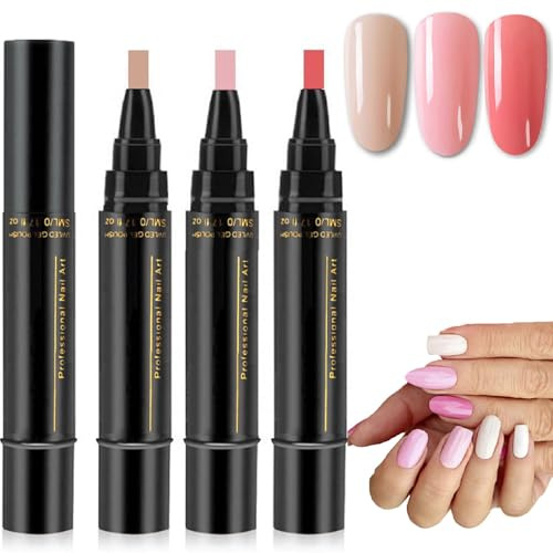 One Step 3-in-1 UV Gel Nail Polish Pen Set, Quick-Dry Nail Art Pens, No Base Coat Needed, UV Lamp Required, 3 Colors Kit (Natural Nude, Pink, Light Red) for Salon & Home DIY Manicure