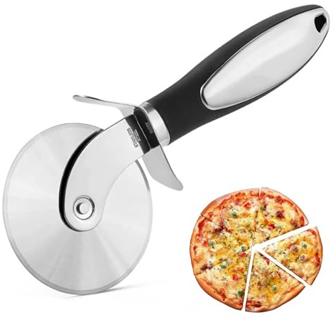 Pizzarulle av rostfritt stål 21 cm, supervass pizzaskärare, pizzaskärare med halkfritt handtag, pizzarulle, pizzamäthjul, diskmaskinssäker (svart)