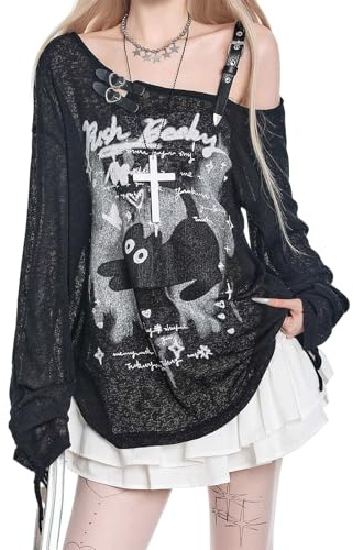 Skateboard Frog Women Goth T Shirt Harajuku Anime Y2K Grunge Off Shoulder | Women loose slouchy long sleeve tee with hollow cutout cartoon print streetwear gothic kawaii grunge aesthetic daily outfits