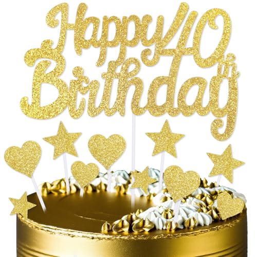 mciskin Gold 40th Birthday Cake Toppers,40th Birthday Decorations for Men Women,Gold Cake Decorations,Personalised Cupcake Toppers with Heart Star for Girl Boy Women Men Birthday Party Supplies