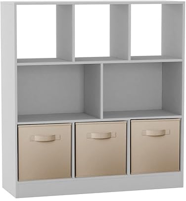 URBNLIVING 8-Cube White Bookcase Shelf Unit – Asymmetrical Storage Organizer with 3 Fabric Drawers for Home or Office - Beige