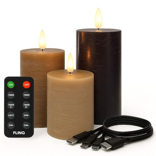 FLINQ Wiederaufladbare LED-Kerzen - 3 Stück - Classic Earth | Lebendige Flamme - Fernbedienung mit Timer und Dimmfunktion - Echtwachs Stumpenkerzen