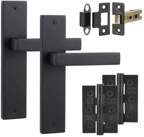 Decoranddecor Lumina Matt Black Internal Door Handles Latch & Hinge Kit | Matte black interior door handle kit, tubular latch and fire rated hinges, brushed backplate lever set for doors