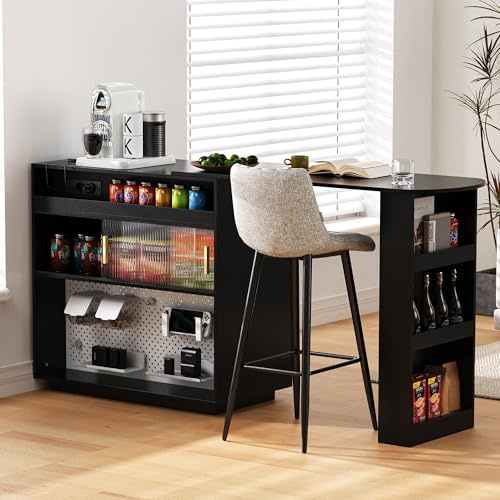 Merax Bartisch mit Stauraum, mit offene Fächer,2 Schubladen,Glas Schiebetüren,Lochplatte,Ladestation,LED-Beleuchtung, Kücheninsel mit ausziehbarer Arbeitsplatte120cm - mit 360° Drehfunktion, Schwarz