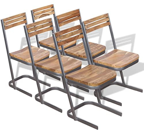 fadaoet Esszimmerstühle 6er Set aus massivem Teakholz, Braun, 33x39x75 cm, robuste Eisenfüße, handgefertigt für Küche und Esszimmer, langlebige Möbel