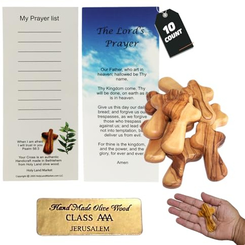 Holy Land Market 10 Olive Wood Crosses From the Holy Land - 2.5 Inch Pocket Palm Crucifix | Handmade Jerusalem, Bethlehem Israel - Gifts by Christians with Certificates -Holy Land Olive Wood Cross x10