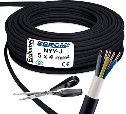 EBROM NYY-J 5 x 4 mm² Underground Cable High Voltage Power Cable PVC Earth Cable Black Sold by the Metre Selected in 1m Increments Multiple Lengths NYY-J 5x
